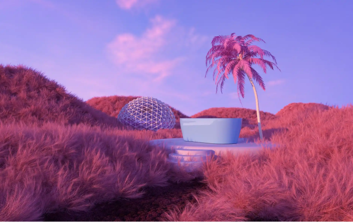 A futuristic landscape with a dome and palm tree